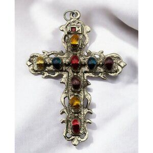 Vintage Ornate Cross Pendant Silver Tone With Colorful Enamel Accents B M Logo